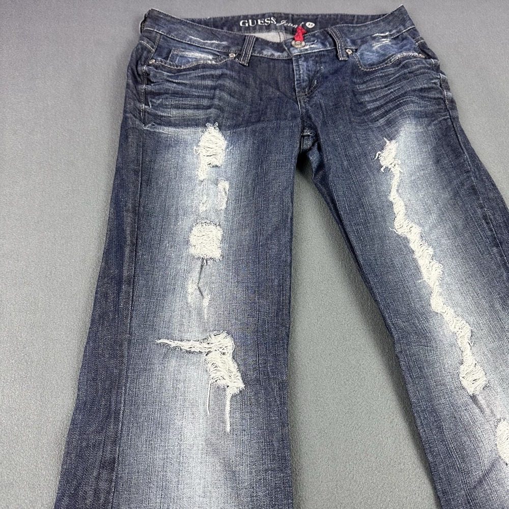Guess Premium Light Wash Denim Jeans Size 28 Ripped Distressed Flare Low Rise - Picture 9 of 14
